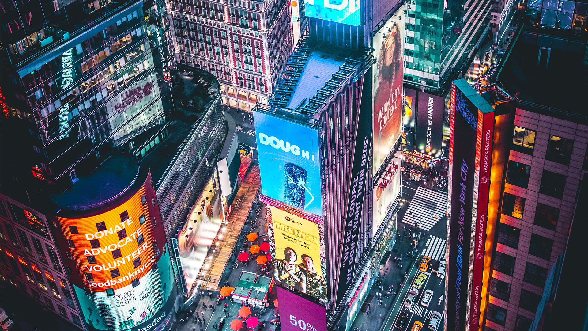 Aerial view of Times Square at night